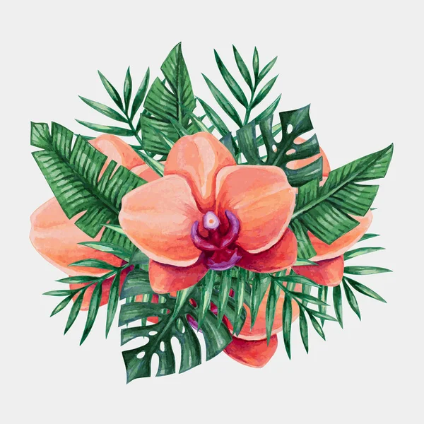 Watercolor tropical flowers and palm tree leaves. — Stock Photo, Image