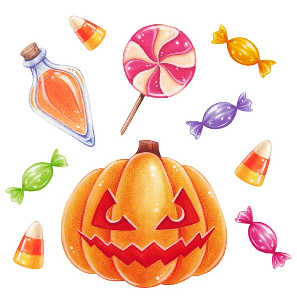 Halloween Ilustración Dibujada Mano Dulces Halloween Calabaza — Foto de Stock