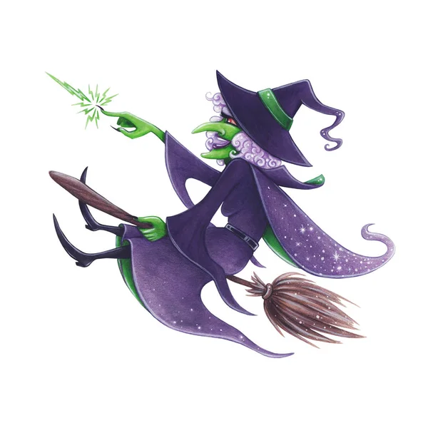 Halloween Hand Drawn Illustration Evil Witch Broom — Stock Photo, Image