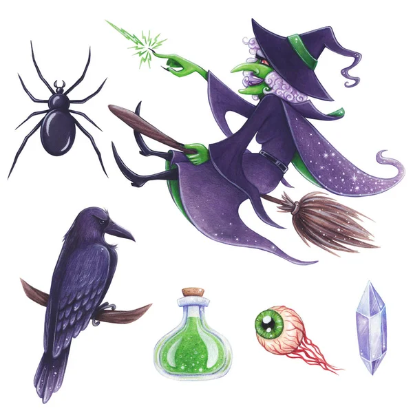 Halloween Kézzel Rajzolt Illusztráció Gonosz Boszorkány Varázslat Attribútumok Készlet — Stock Fotó