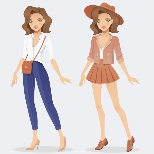 Cartoon módní dívka postava nosí dva ležérní oblečení. Vektorová ženská ilustrace. — Stockový vektor