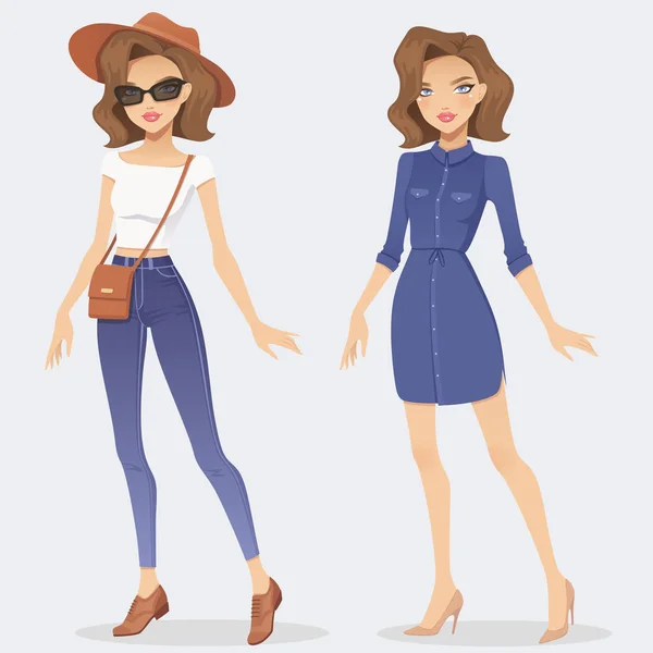 Мультфильм девушки моды характер носить два случайных наряды. Векторная женская иллюстрация . — стоковый вектор