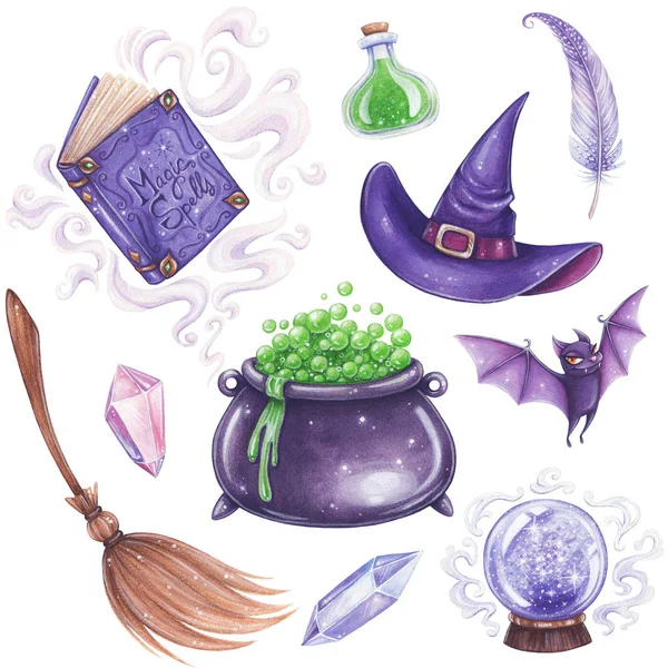 Halloween Kézzel Rajzolt Illusztráció Boszorkány Varázslat Attribútumok Készlet — Stock Fotó