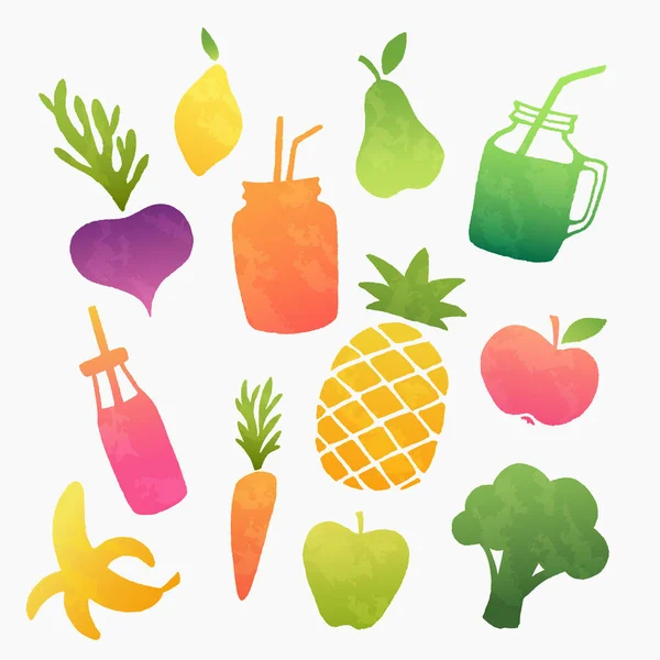 Batidos de frutas y verduras crudas y jugos frescos. Set de diseño de alimentos veganos saludables. Coloridas formas vectoriales . — Vector de stock