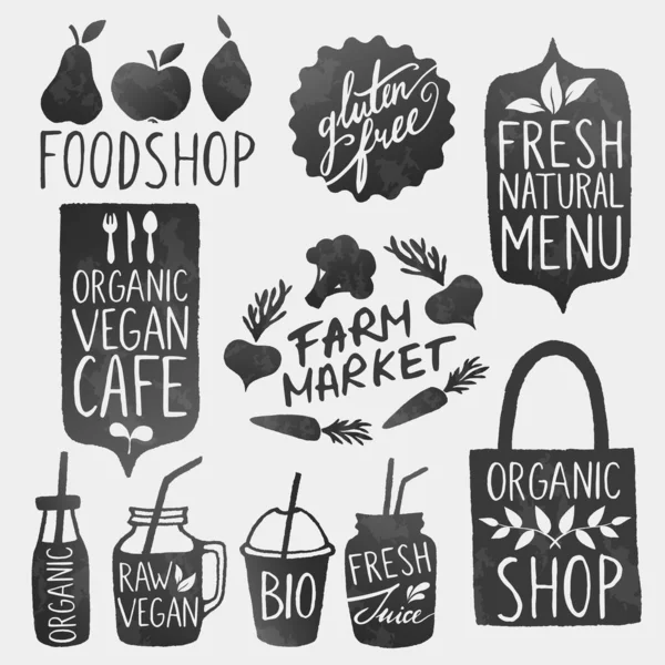 Ensemble de concept de marque vectoriel d'aliments sains. Fruits, légumes et smoothies — Image vectorielle