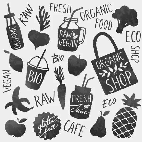 Conjunto de conceito de marca de comida saudável vetorial. Frutas, legumes e smoothies —  Vetores de Stock