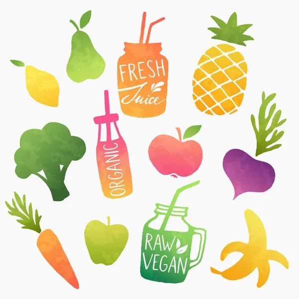 Batidos de frutas y verduras crudas y jugos frescos. Set de diseño de alimentos veganos saludables. Coloridas formas vectoriales . — Vector de stock