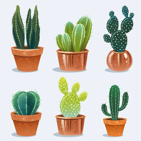 Set de seis cactus en maceta. Plantas caseras. Ilustración vectorial — Vector de stock