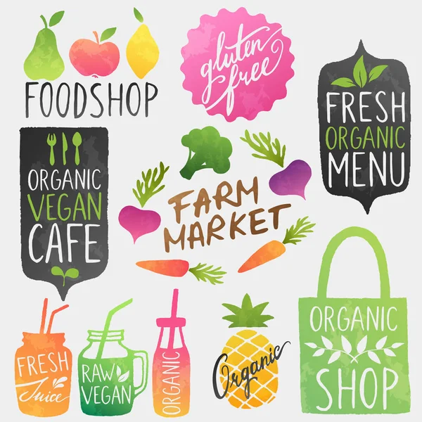 Healthy food vector stickers. Cafe, farmers market, organic grocery shop logotypes. — Stockvektor