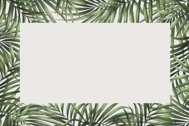 Palm sınır tasarımı yapıyor. Tropik suluboya arka plan. Palmiye ağacı tebrik kartı ya da düğün davetiyesi bırakır. Tropik çerçeve dekorasyonu.