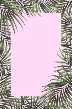 Palmiye pembe arkaplan ile sınır tasarımı bırakır. Tropik suluboya arka plan. Palmiye ağacı tebrik kartı ya da düğün davetiyesi bırakır. Tropik çerçeve dekorasyonu.