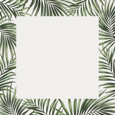 Palm sınır tasarımı yapıyor. Tropik suluboya arka plan. Palmiye ağacı tebrik kartı ya da düğün davetiyesi bırakır. Tropik çerçeve dekorasyonu.