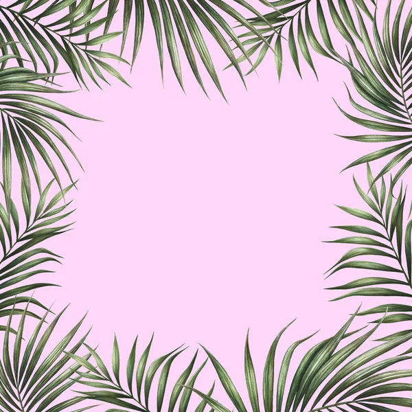Palm leaves border design with pink background. Tropical watercolor background. Palm tree leaves greeting card or wedding invitation. Tropical frame decoration.