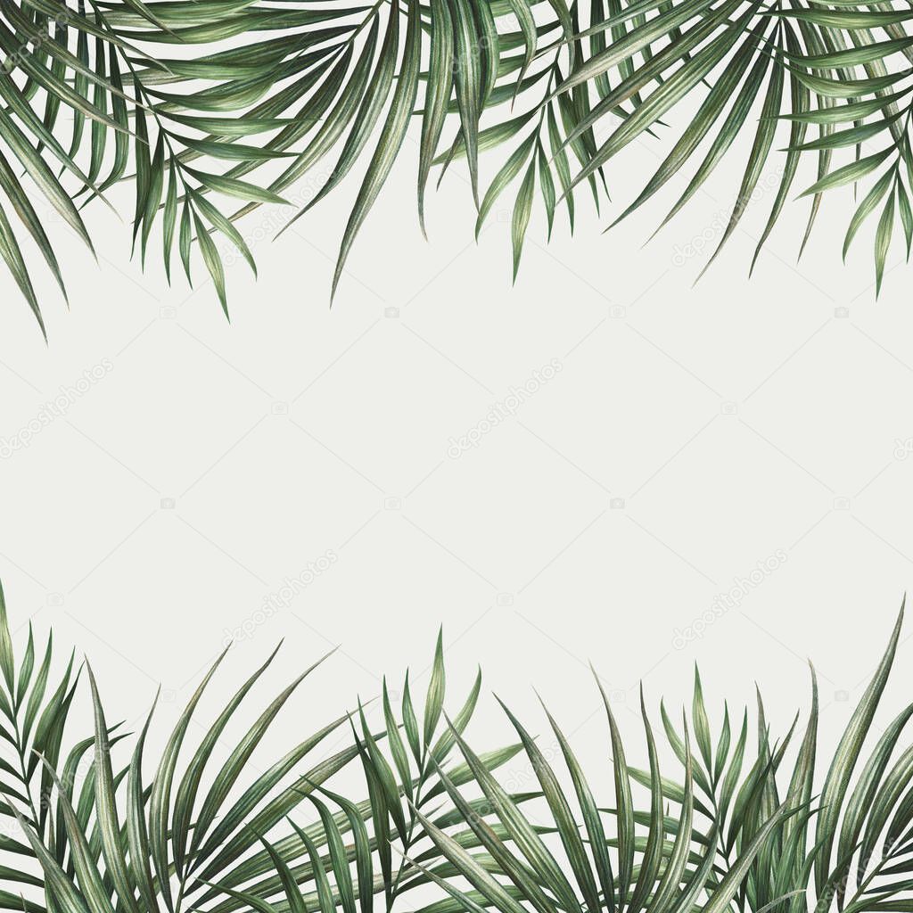 Palm leaves border design. Tropical watercolor background. Palm tree leaves greeting card or wedding invitation. Tropical frame decoration.