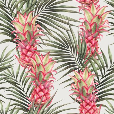 Palmiye ağacı ve kırmızı ananas deseni. Tropik suluboya arka plan. Moda yaz şablonu. Palmiye yaprakları ve geleneksel pembe ananas çizim arkaplanı. Yaz Hawaii 'nin pürüzsüz deseni.