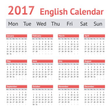 2017 Avrupa İngilizce takvim. Hafta Pazartesi günü başlar