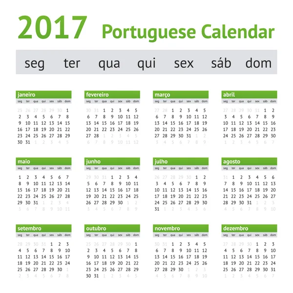 Calendário Europeu Português 2017. Semana começa na segunda — Vetor de Stock