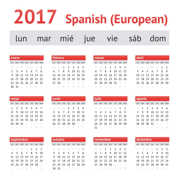 Calendario Español Europeo 2017. La semana comienza el lunes — Vector de stock