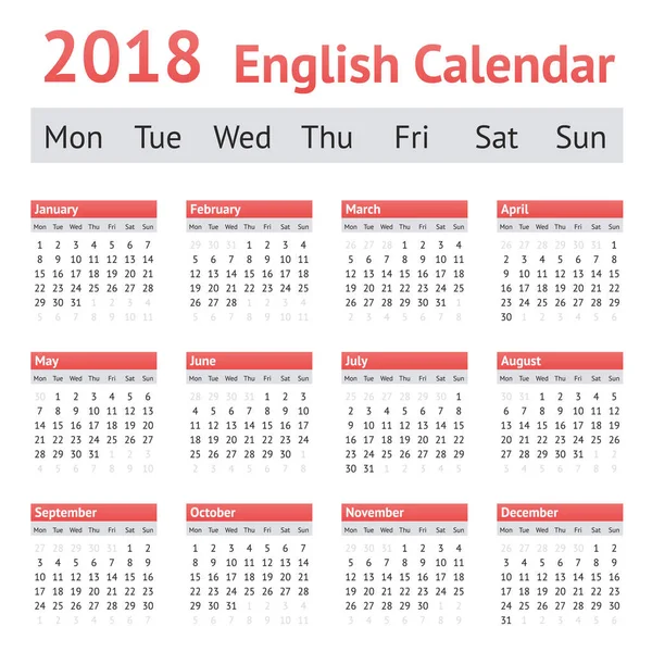 Calendrier européen anglais 2018 — Image vectorielle