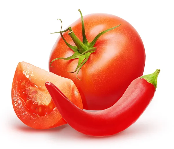칠리 후추와 녹색 잎, 슬라이스 신선한 빨간 토마토 — 스톡 사진