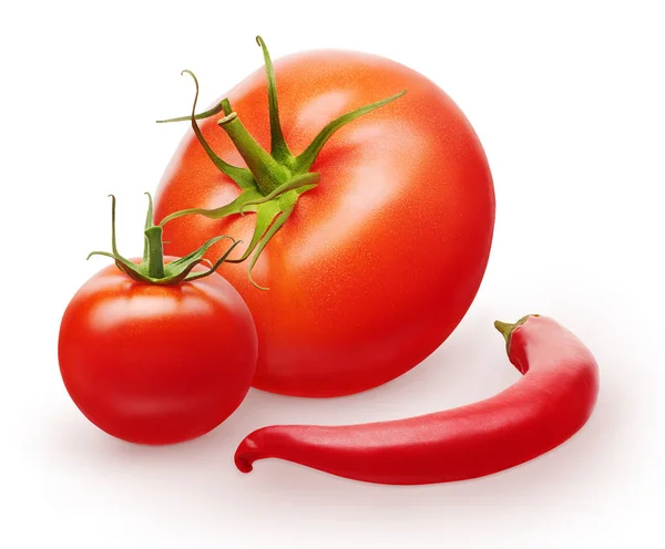 Κόκκινη ντομάτα, μικρή κερασιά με πράσινα φύλλα και καυτερή πιπεριά — Φωτογραφία Αρχείου