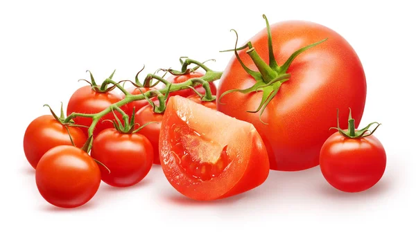 빨간 토마토, 반, 작은 체리와 녹색 잎 지점 — 스톡 사진