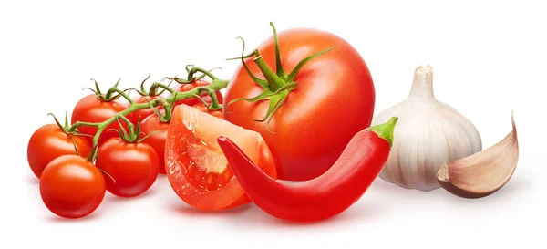Cereja vermelha, tomate, fatia, alho com cravo, pimenta — Fotografia de Stock