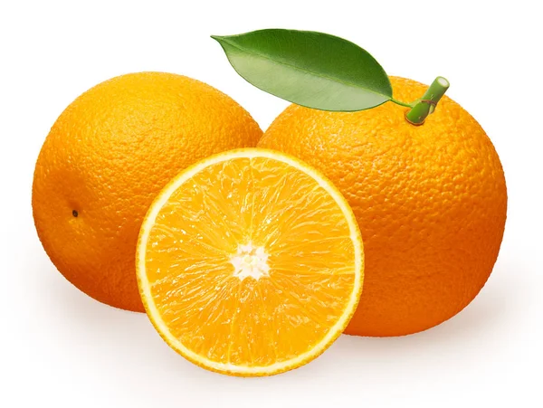 Orange fruit with green leaf next to lying and half — Stock Photo, Image