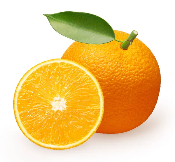 Orange fruit with green leaf and half isolated on white — Stock Photo, Image