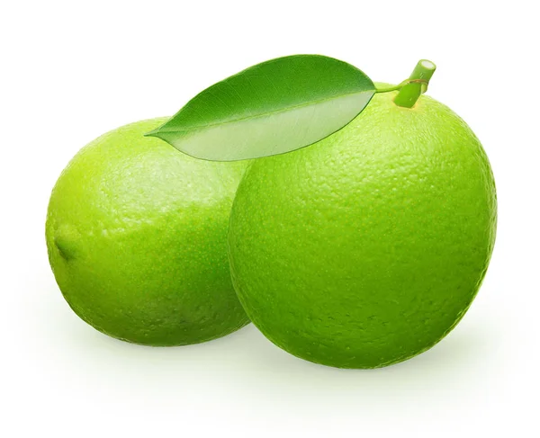 Whole fresh lime fruit with green leaf next to lying — Stock Photo, Image