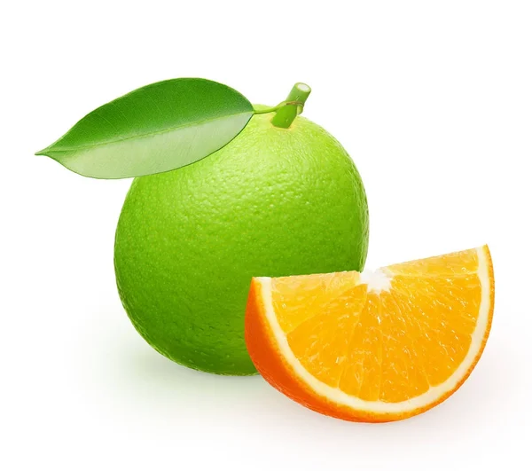 Lime fruit with green leaf and slice of orange — Stock Photo, Image