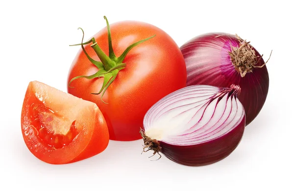 Tomate vermelho com folha verde, fatia, cebola sem casca e metade — Fotografia de Stock
