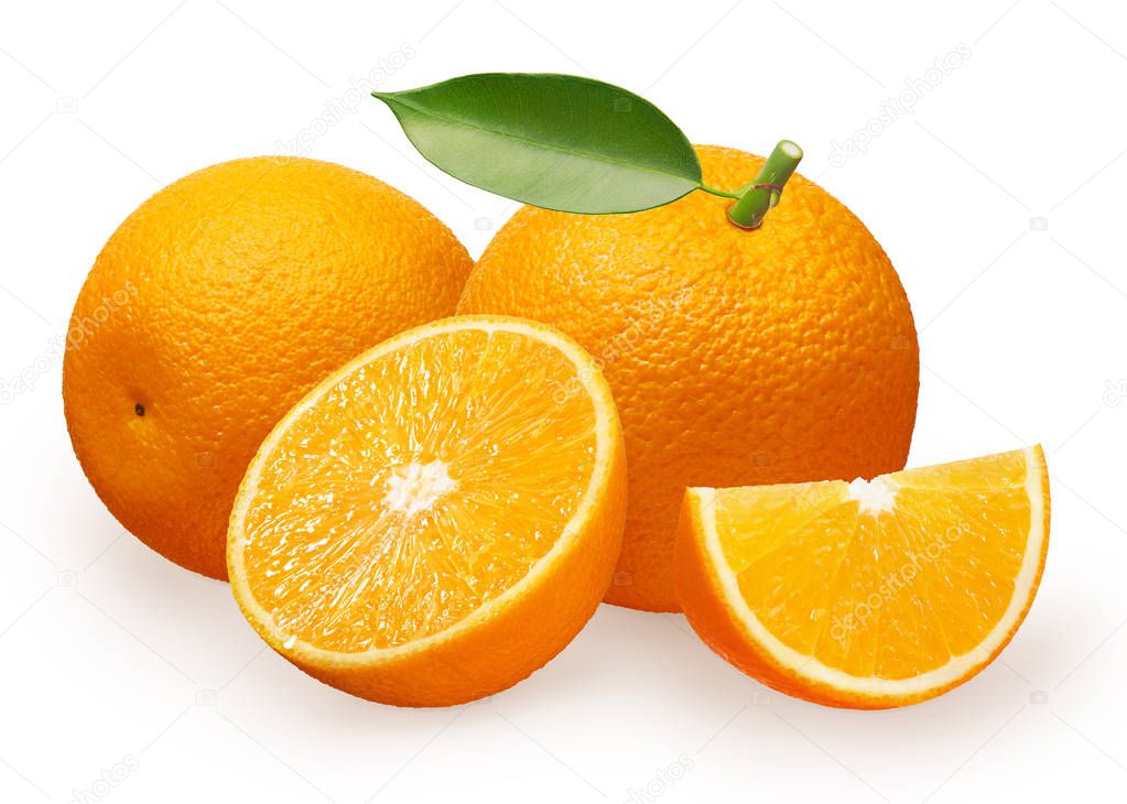 Orange fruit with green leaf, lying, half and slice — Stock Photo