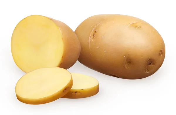 Patata entera fresca sin pelar, mitad y dos trozos picados —  Fotos de Stock