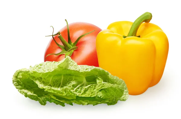빨간 토마토, 노란 피망, 백색에 녹색 샐러드 — 스톡 사진