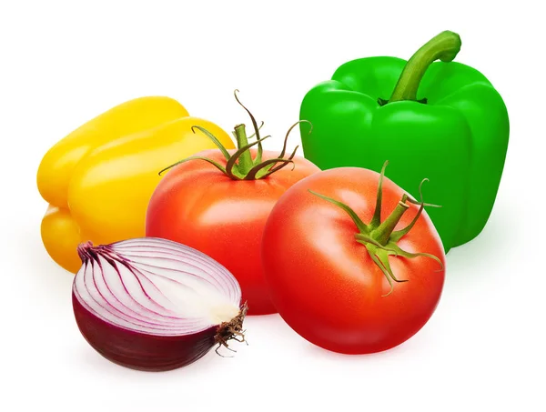 Tomates vermelhos, pimentos amarelos e verdes, metade de cebola — Fotografia de Stock