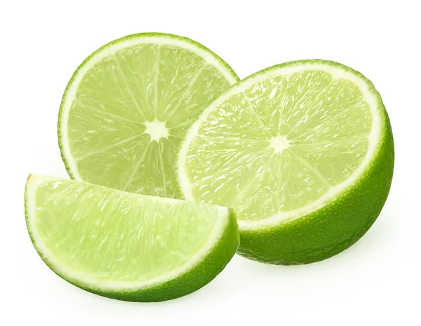 Halves and slice of fresh lime fruit isolated on white — Stock Photo, Image