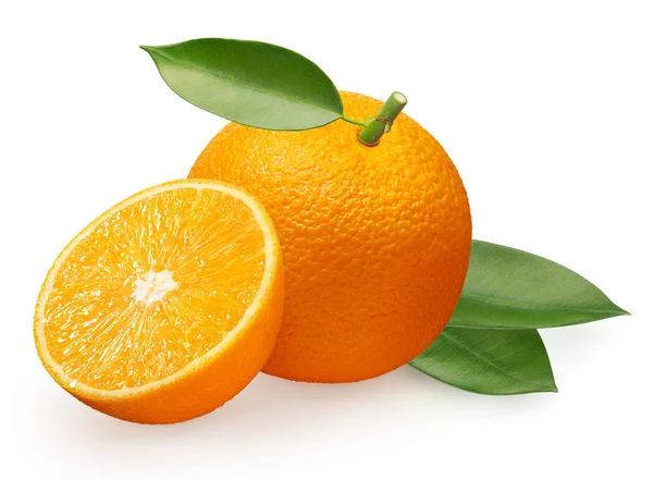 Whole fresh orange fruit with half and green leaves — Stock Photo, Image