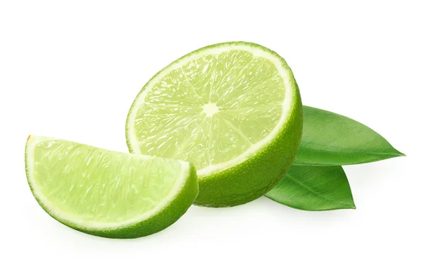 Half and slice of fresh lime fruit with green leaves — Stock Photo, Image