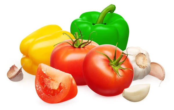 Tomates com fatia, legumes de pimentão, alho com cravo — Fotografia de Stock