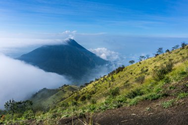 Dağ manzarası ile çim ağaç ve gökyüzü arka plan Panorama