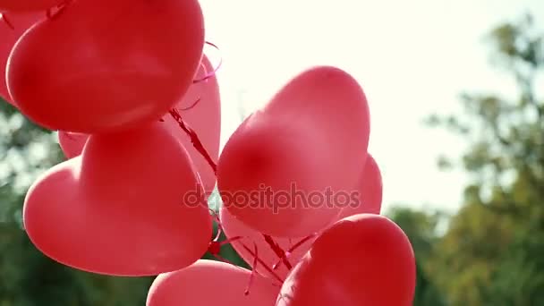 Bellissimi palloncini cuore rosso — Video Stock