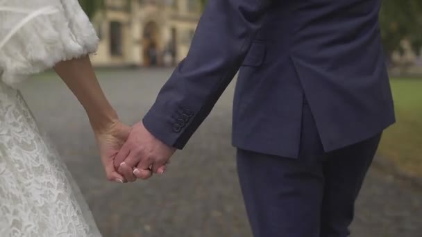 Tema de la boda, tomados de la mano recién casados — Vídeo de stock