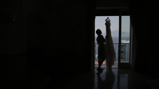 Silhouette eines Brautkleides Schleier — Stockvideo