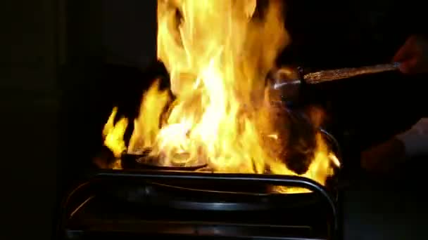 Cooking meat on fire, watering with absinthe and firing — Stock Video