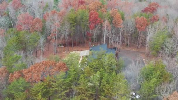 House in autumn forest, shot by drone. Aero 4k — ストック動画