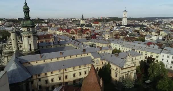 Aerial Viev. Old City Lviv, Ukraine. Town Hall, Ratush — Stock Video