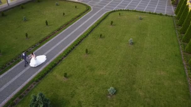 Vista aérea, hermosa novia y novio juntos. boda — Vídeos de Stock