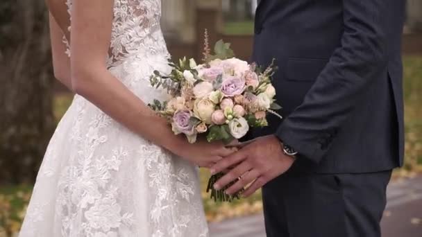 Passeggiata nuziale, Primo piano di una sposa e uno sposo che si tengono per mano — Video Stock