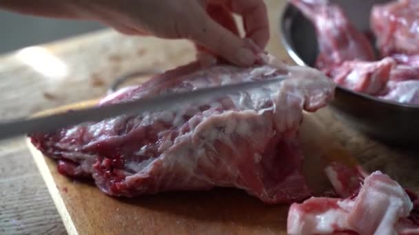 Primo piano del taglio della carcassa di coniglio a casa — Video Stock
